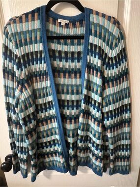 Talbots Woman 2X Open Front Cardigan Sweater Blue Plaid 100% Cotton Knit